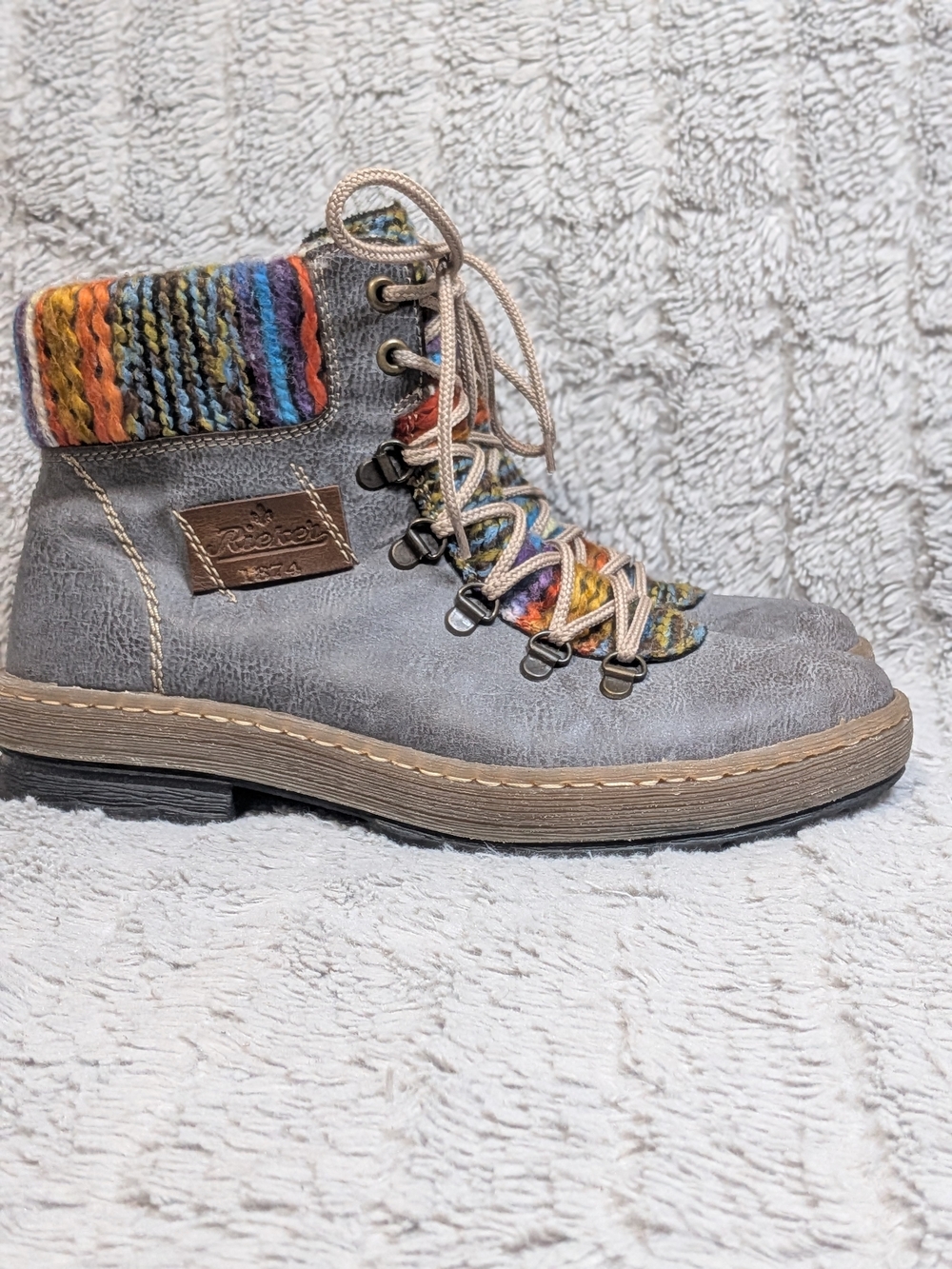 Rieker Gray Multicolor Knit-Trim Lace-Up Ankle Boot Size 39